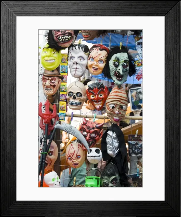 Framed Print : Masks for sale on market day Framed Print : Masks for sale on market day