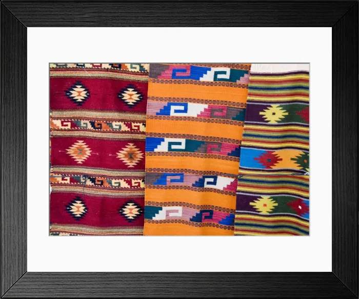 Framed Print : Traditional woven fabrics in tourist shops Framed Print : Traditional woven fabrics in tourist shops