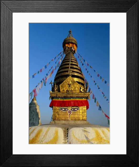 Framed Print : Spire and prayer flags of the Swayambhunath Stupa in Kathmandu Framed Print : Spire and prayer flags of the Swayambhunath Stupa in Kathmandu