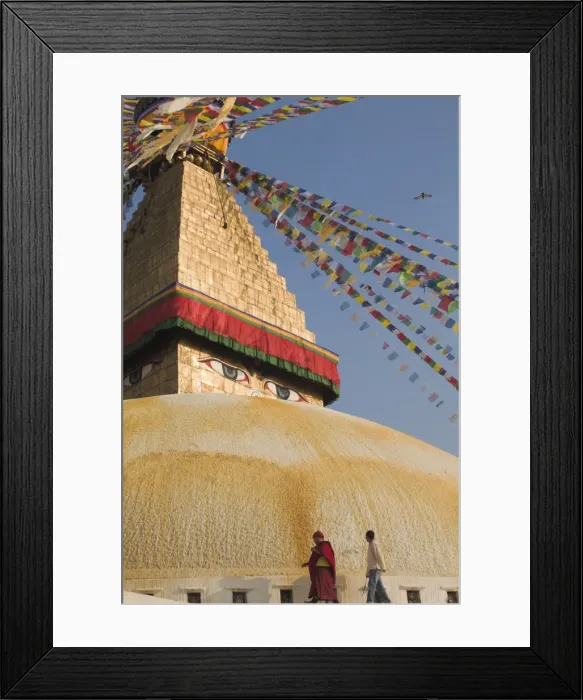 Framed Print : Monk and man walking around the stupa during Lhosar