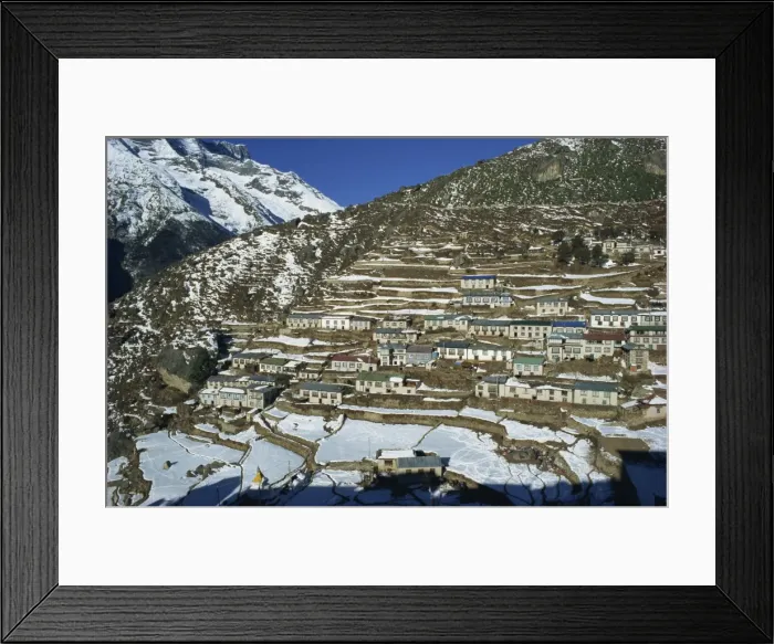 Framed Print : Houses and terraced fields under snow at Namche Bazaar Framed Print : Houses and terraced fields under snow at Namche Bazaar