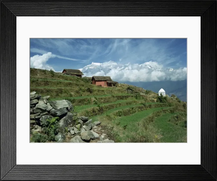 Framed Print : Terraced fields and shrine on a hill at Sarangkot with Framed Print : Terraced fields and shrine on a hill at Sarangkot with