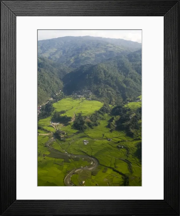 Framed Print : Aerial view of rice fields at base of mountains Framed Print : Aerial view of rice fields at base of mountains
