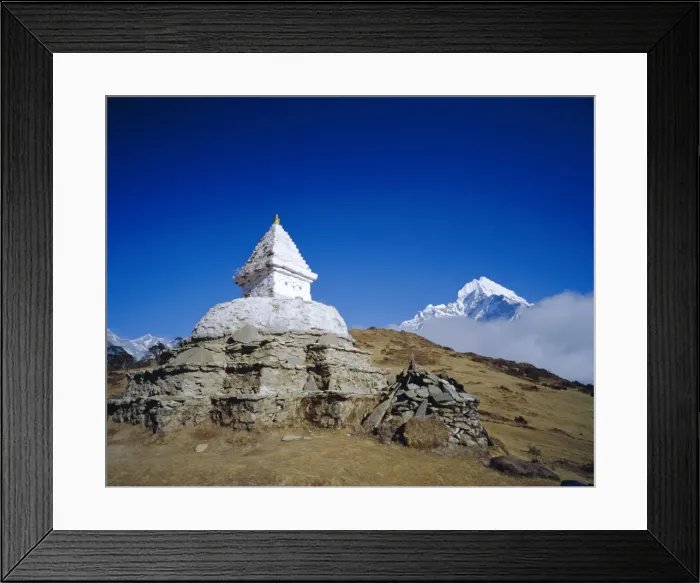 Framed Print : Stupa and Himalayan mountain landscape Framed Print : Stupa and Himalayan mountain landscape