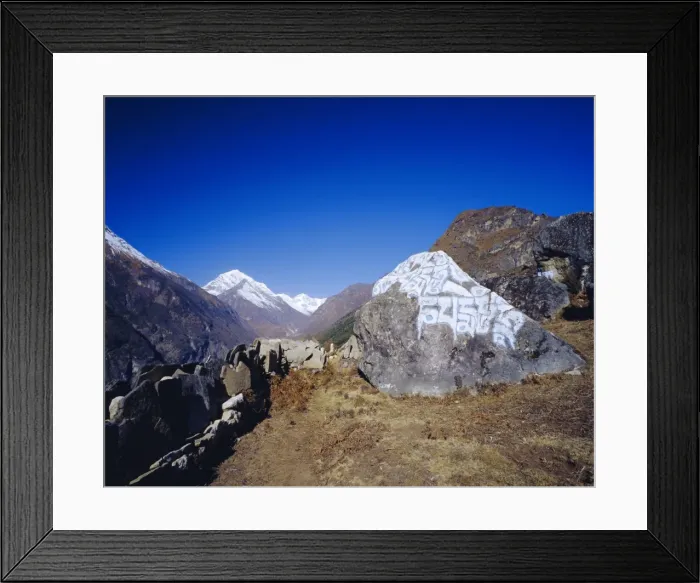 Framed Print : Painted Sutras (Mahayana Buddhist scriptures) on rocks Framed Print : Painted Sutras (Mahayana Buddhist scriptures) on rocks