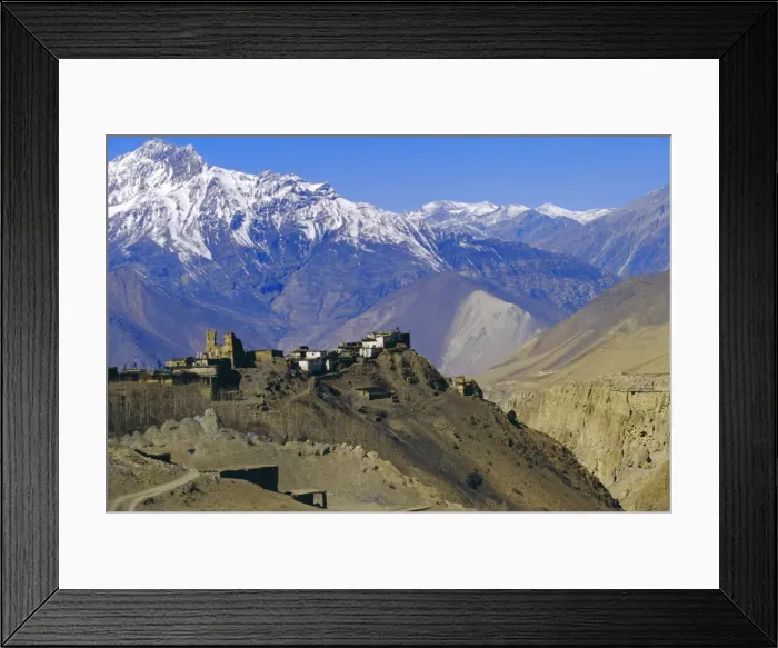 Framed Print : Fortified village of Jharkot and Nilgiri mountains in the background Framed Print : Fortified village of Jharkot and Nilgiri mountains in the background