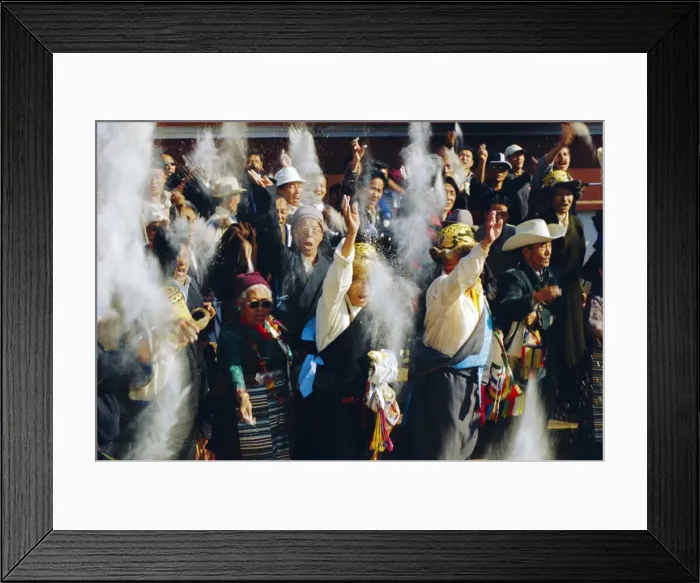 Framed Print : Buddhist people throwing flour into the air Framed Print : Buddhist people throwing flour into the air