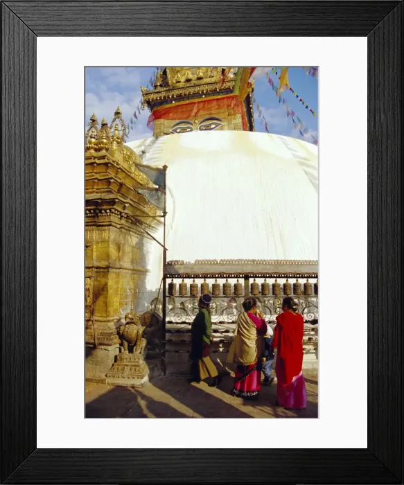 Framed Print : Buddhist stupa and believers spinning prayer wheels Framed Print : Buddhist stupa and believers spinning prayer wheels