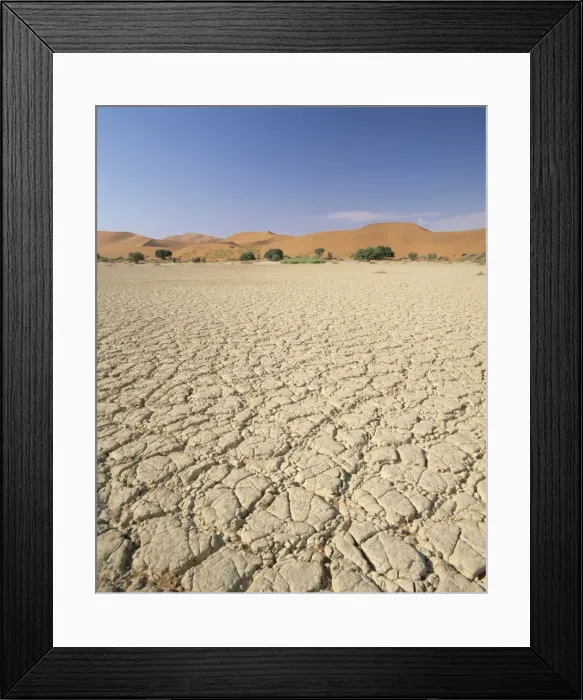Framed Print : Cracked mud flats and sand dunes Framed Print : Cracked mud flats and sand dunes