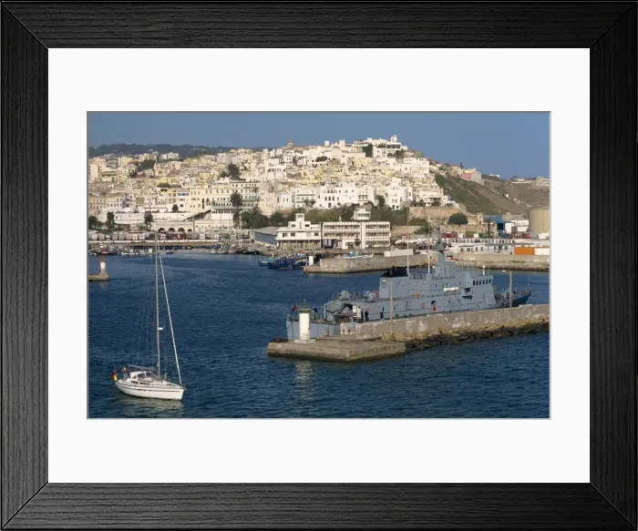 Framed Print : Warship moored in the harbour and the old town behind Framed Print : Warship moored in the harbour and the old town behind
