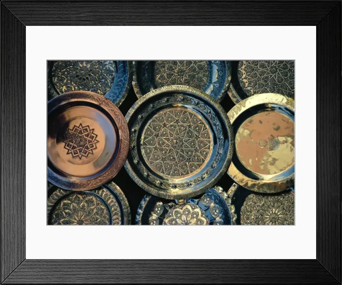 Framed Print : Close-up of copper trays for sale Framed Print : Close-up of copper trays for sale