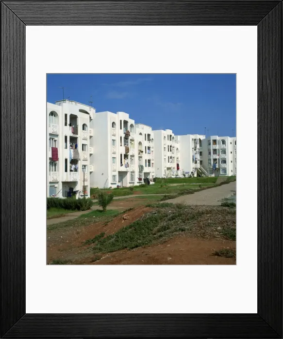 Framed Print : Modern apartments showing gardens and washing drying