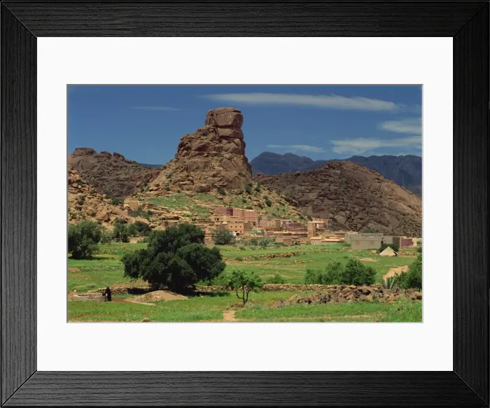 Framed Print : Village of Aguard Oudad and Chapeau de Napoleon rocks near Tafraoute