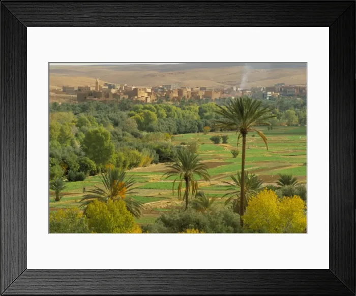 Framed Print : View over cultivated fields and palms to oasis town of Tinerhir