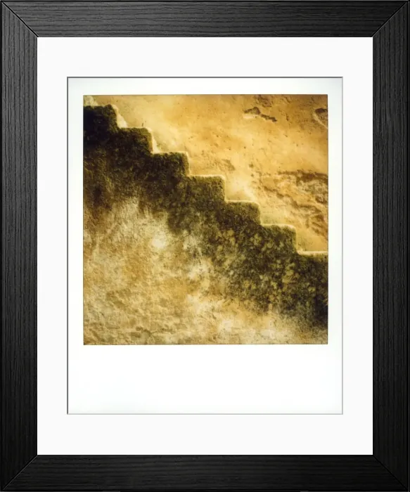 Framed Print : Polaroid of stone stairs against old stone wall glowing Framed Print : Polaroid of stone stairs against old stone wall glowing