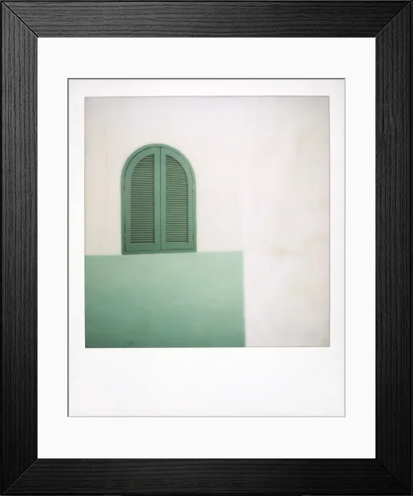 Framed Print : Polaroid of green painted window shutters against whitewashed wall Framed Print : Polaroid of green painted window shutters against whitewashed wall