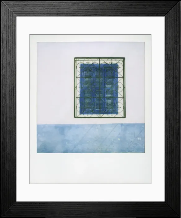 Framed Print : Polaroid of whitewashed wall with blue window shutters Framed Print : Polaroid of whitewashed wall with blue window shutters