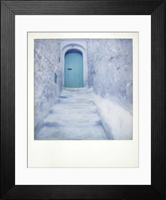 Framed Print : Polaroid of traditional bluewashed street and walls Framed Print : Polaroid of traditional bluewashed street and walls