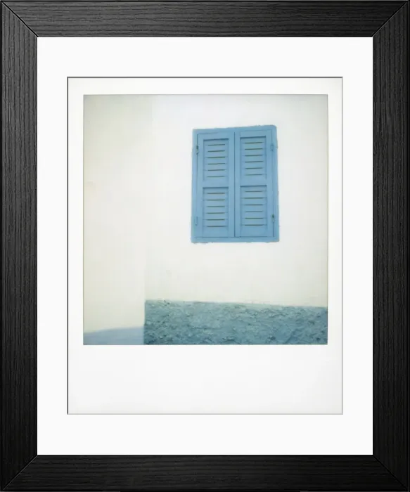 Framed Print : Polaroid of painted blue window shutter against whitewashed wall Framed Print : Polaroid of painted blue window shutter against whitewashed wall