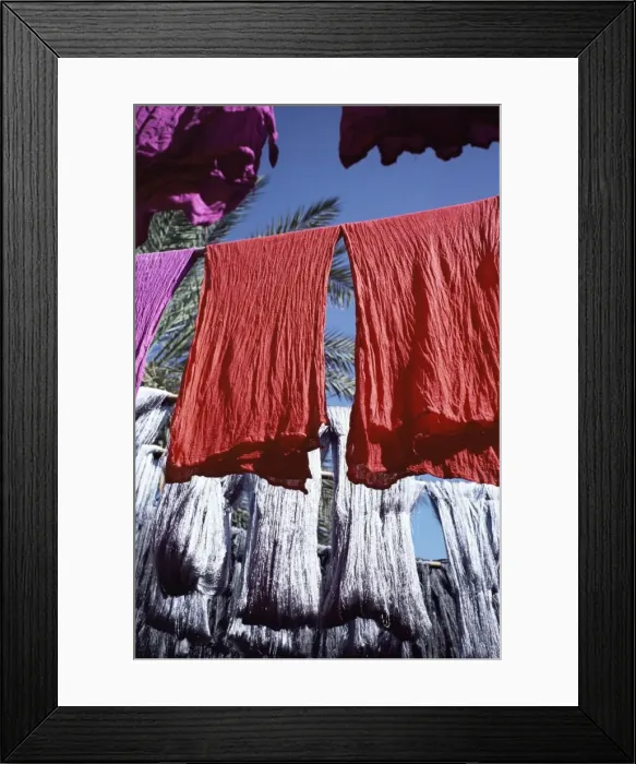 Framed Print : Red dyed cloth and silk drying Framed Print : Red dyed cloth and silk drying