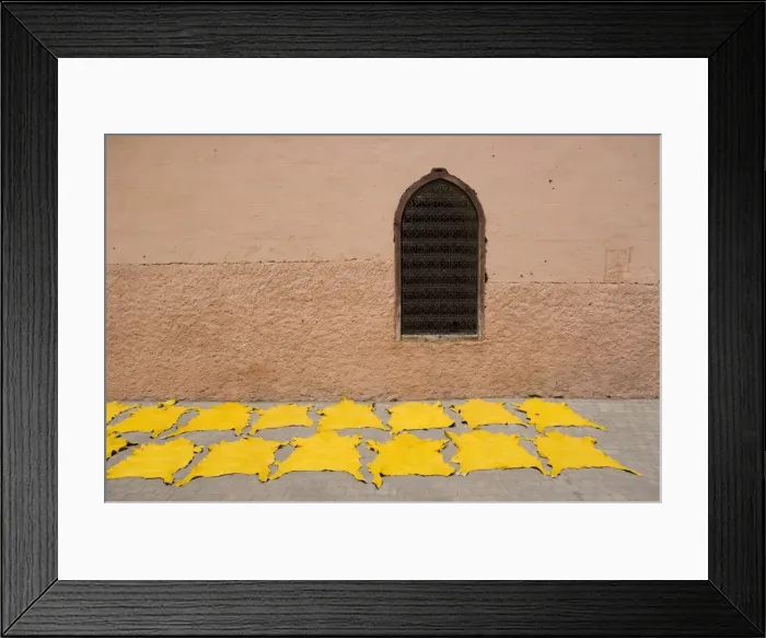 Framed Print : Dyed leather hides drying in street in the souk Framed Print : Dyed leather hides drying in street in the souk