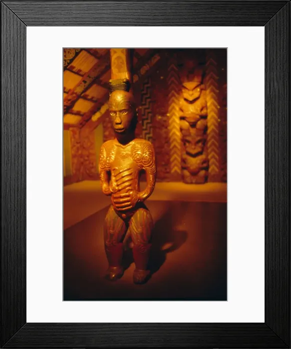 Framed Print : Carvings in interior of a Maori meeting house Framed Print : Carvings in interior of a Maori meeting house