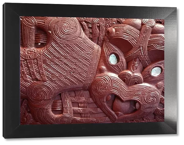 Close-up of Maori carving on Ohinemutu marae meeting house