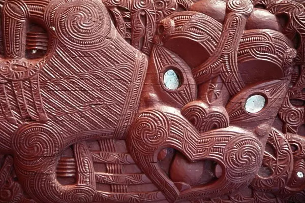 Close-up of Maori carving on Ohinemutu marae meeting house
