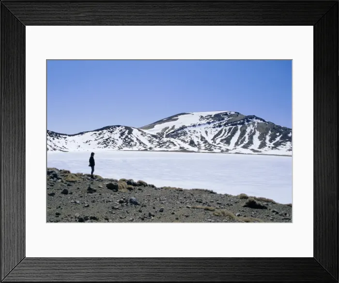 Framed Print : Hiker on Tongariro Crossing trek by Blue Lake under Framed Print : Hiker on Tongariro Crossing trek by Blue Lake under
