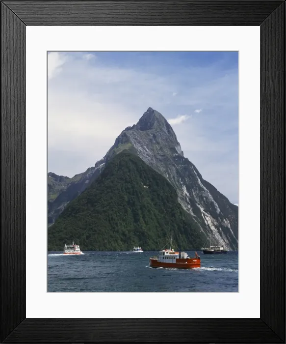 Framed Print : Small boats in the water of Milford Sound in front of Mitre Peak Framed Print : Small boats in the water of Milford Sound in front of Mitre Peak