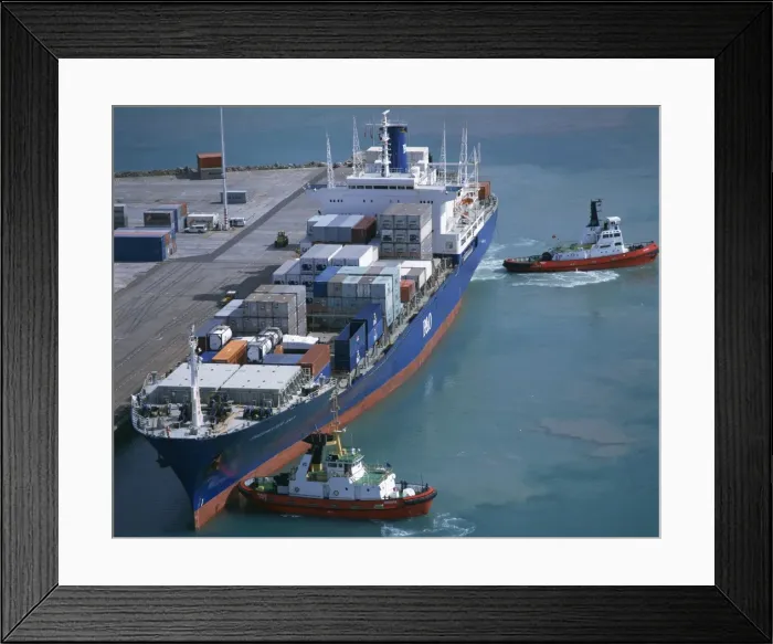 Framed Print : Tugs moving a container ship in the port of Napier Framed Print : Tugs moving a container ship in the port of Napier