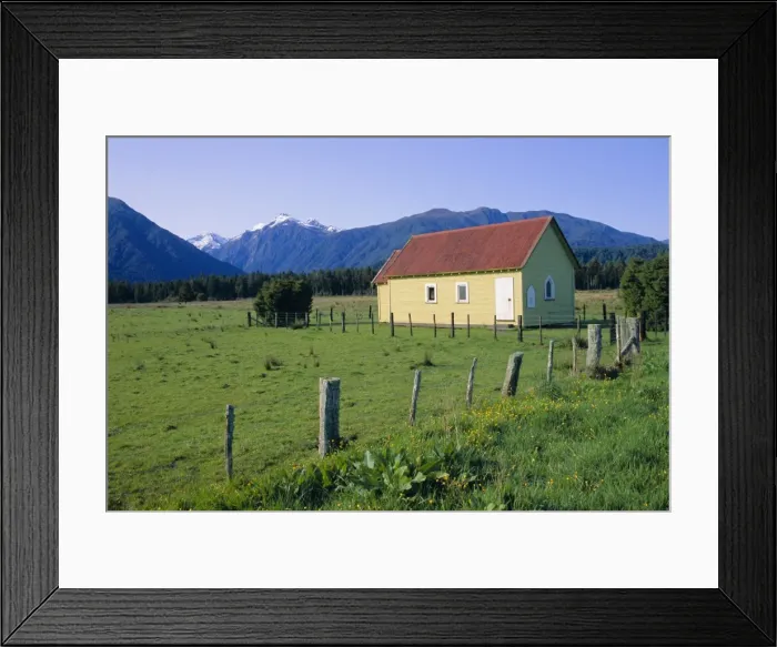 Framed Print : Field and colourful church at Jacobs River Framed Print : Field and colourful church at Jacobs River