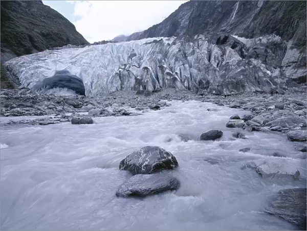 Melt water and glacial rock terrain at glacier terminus