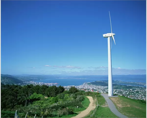 ECNZ Wind turbine generator on a hill above the city