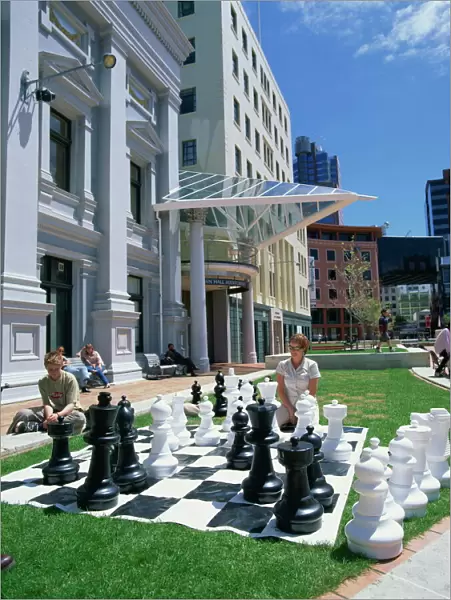 Giant chess pieces in front of the Wellington City