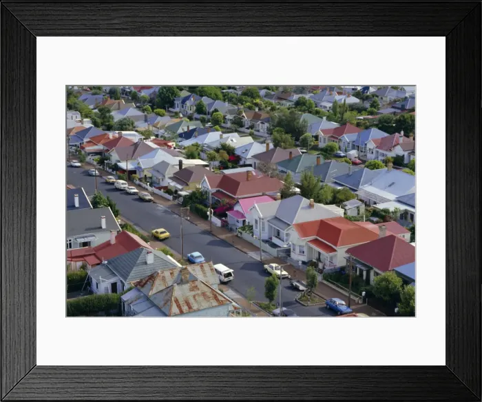 Framed Print : Aerial view of wooden villas Framed Print : Aerial view of wooden villas