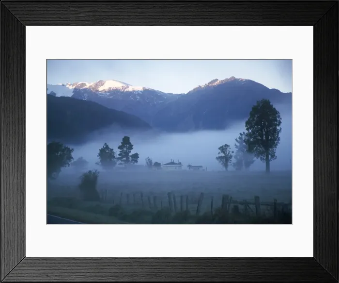 Framed Print : Farm in mist below Fox Glacier Framed Print : Farm in mist below Fox Glacier