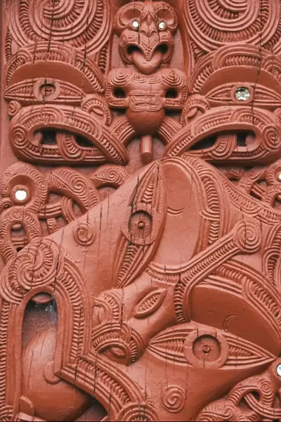 Carvings on a Whare Whakairo Meeting House
