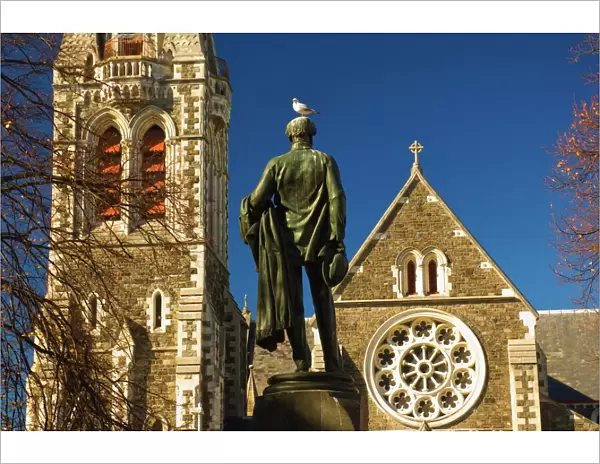 Cathedral and statue of John Robert Godley (founder of Canterbury)