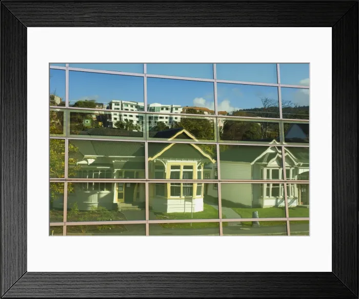 Framed Print : Houses reflected in windows Framed Print : Houses reflected in windows