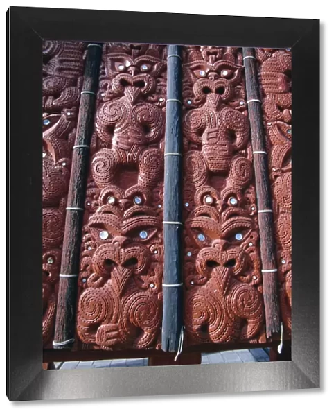 Intricate carving in the replica village at the Maori
