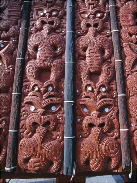 Intricate carving in the replica village at the Maori
