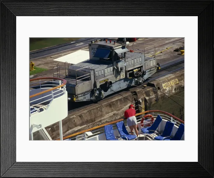 Framed Print : A mule guides a ship through the Panama Canal Framed Print : A mule guides a ship through the Panama Canal