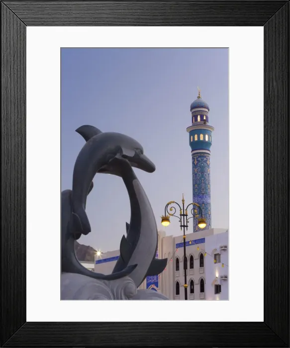 Framed Print : Mosque minaret and dolphin sculpture on the Mutrah Framed Print : Mosque minaret and dolphin sculpture on the Mutrah