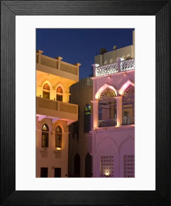 Framed Print : Colourfully illuminated latticed houses along the corniche Framed Print : Colourfully illuminated latticed houses along the corniche