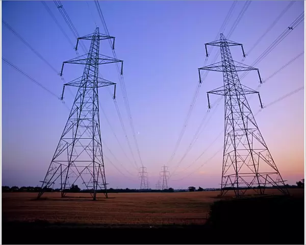 Pylons in a rural landscape at dusk