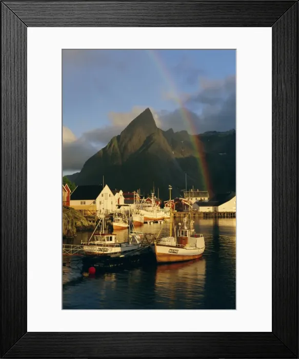 Framed Print : Rainbow over the colourful fishing village of Hamnoy Framed Print : Rainbow over the colourful fishing village of Hamnoy