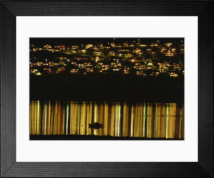 Framed Print : Lights of Tromso reflected off the sea at night Framed Print : Lights of Tromso reflected off the sea at night