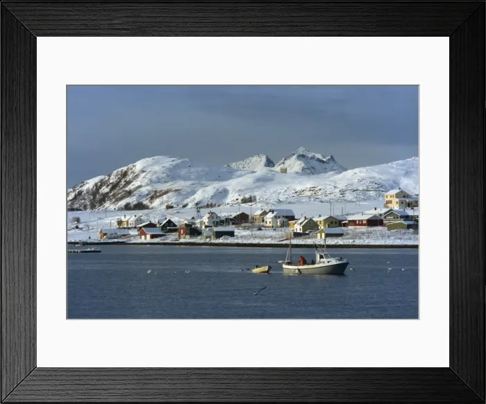 Framed Print : Fishing boat leaving harbour on Kvaloya Island Framed Print : Fishing boat leaving harbour on Kvaloya Island