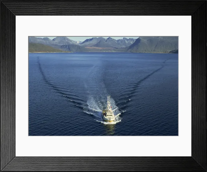 Framed Print : Aerial view over fishing boat and its wake Framed Print : Aerial view over fishing boat and its wake